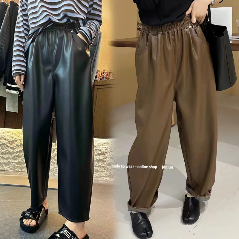 欧货纯色高级感皮裤女春新款时尚百搭减龄松紧腰保暖直筒裤休闲裤