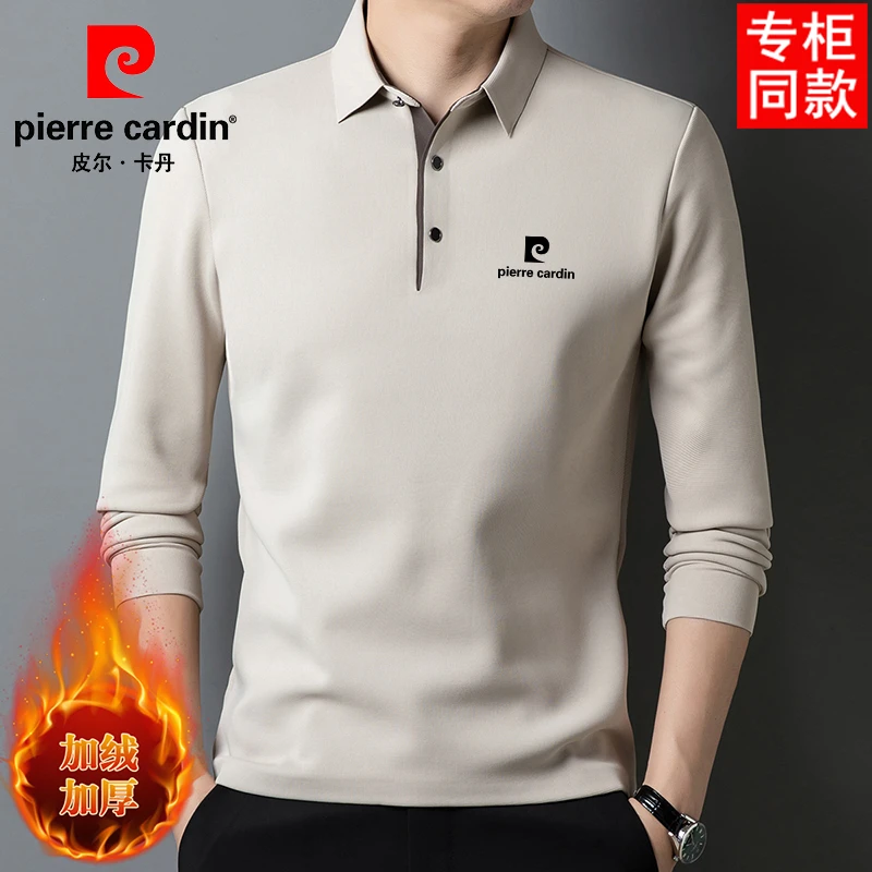 皮尔卡丹男士秋冬优质桑蚕丝长袖polo衫轻奢休闲加绒加厚保暖上衣