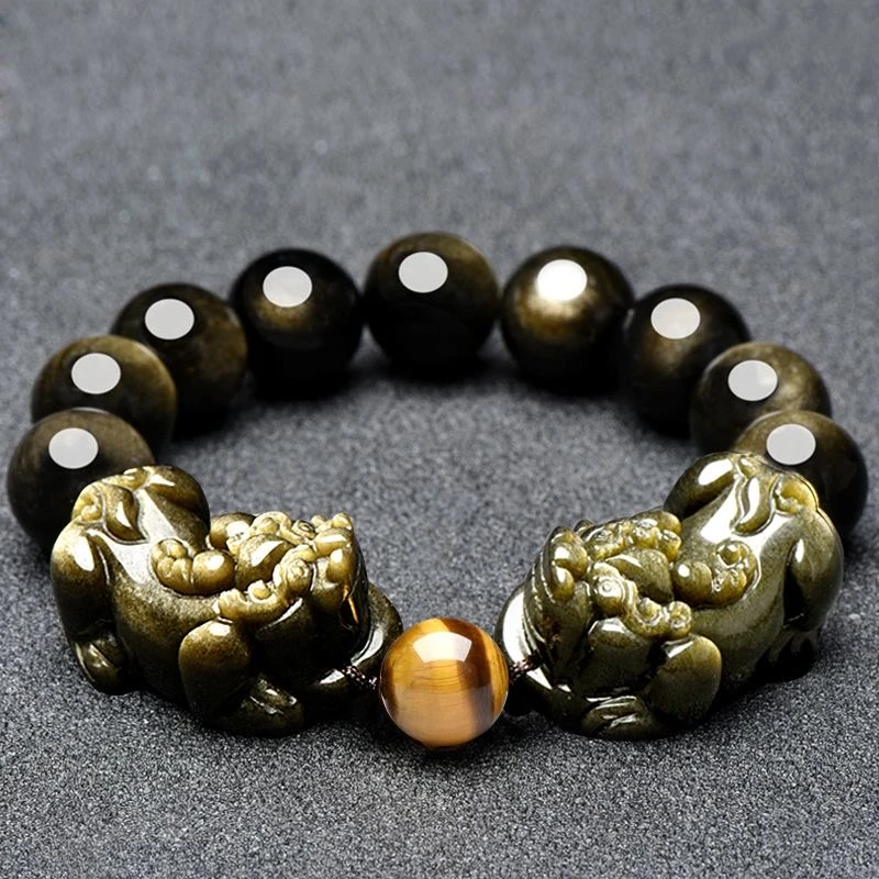 天然黑曜石金曜双貔貅手链，珠径约14mm、16mm、18mm