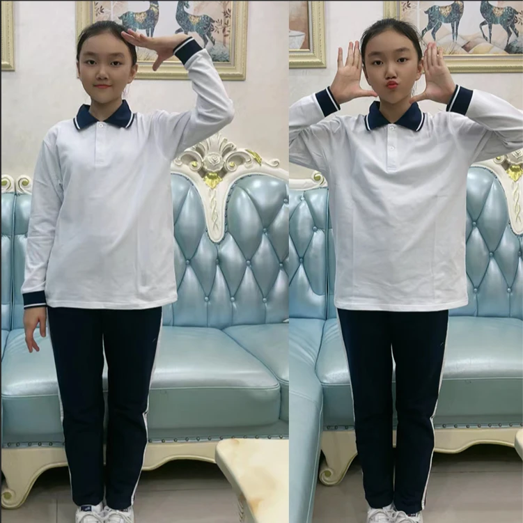 小学生校服藏青领白T恤儿童白色polo衫长袖珠地棉男女童打底衫