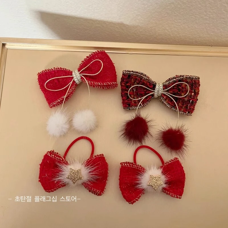 秋冬红色喜庆毛绒蝴蝶结儿童发圈小女孩新年生日头饰发夹头绳甜美
