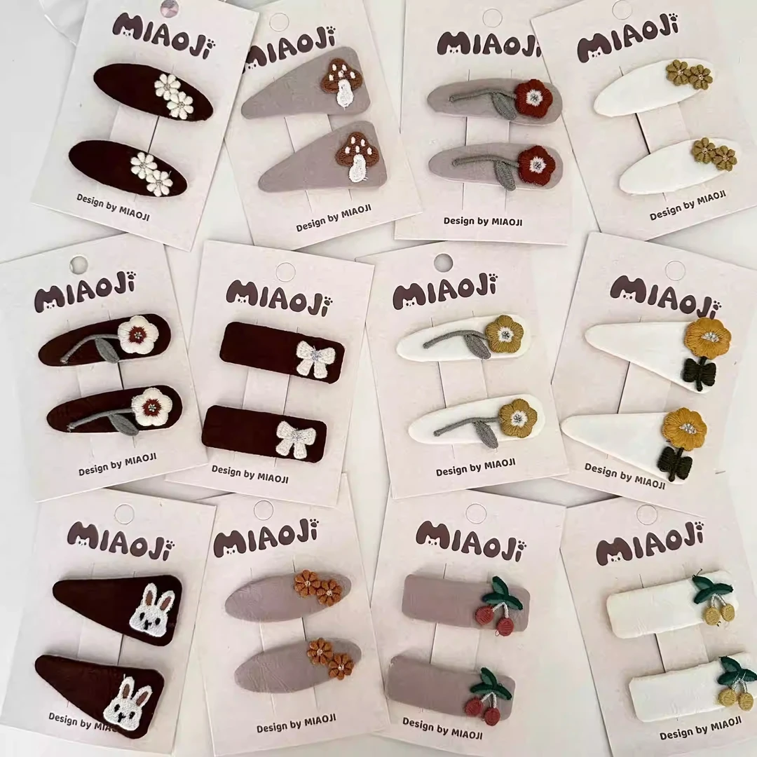 森系咖色米色刺绣花朵蘑菇小兔儿童发夹女童樱桃刘海夹侧边夹发卡