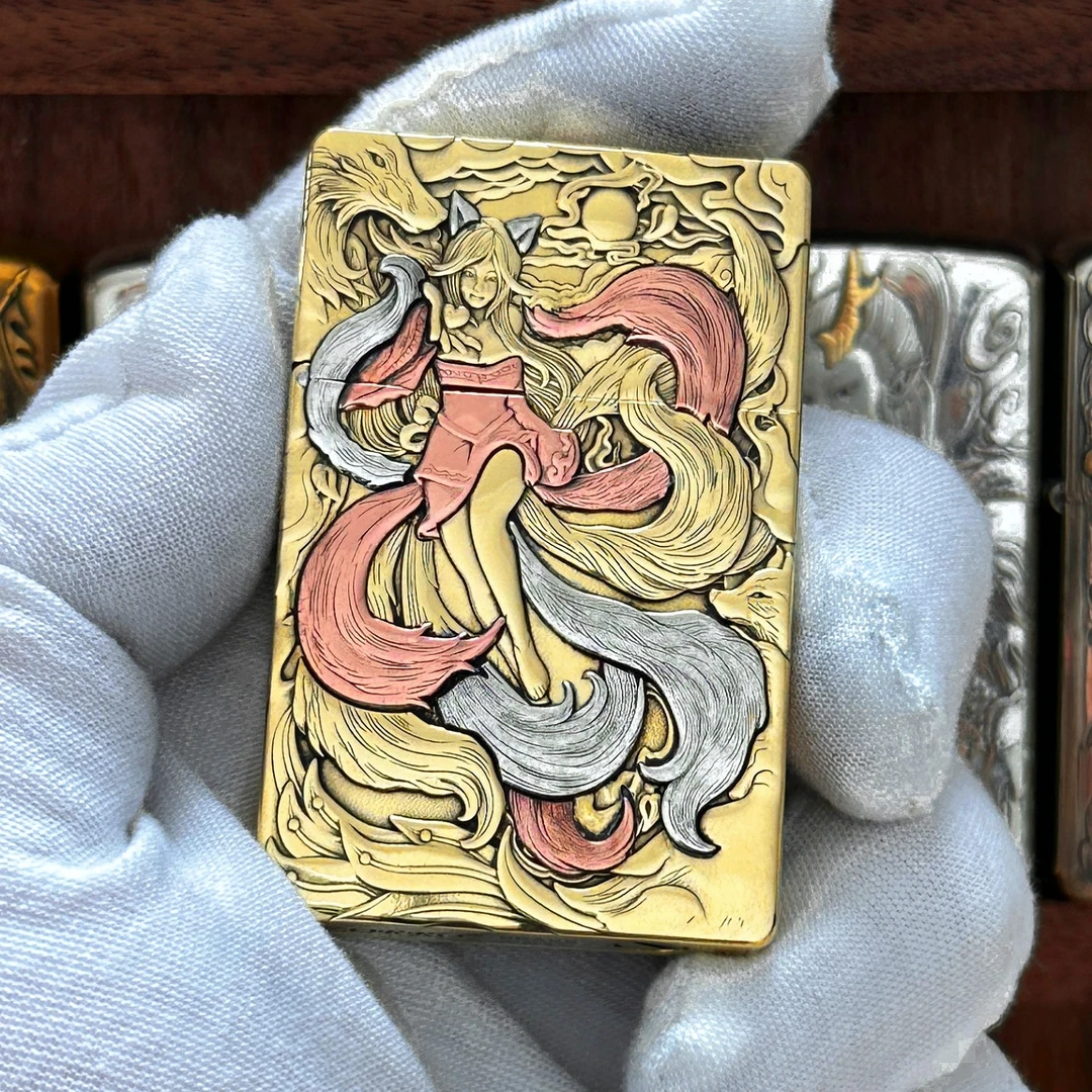 ZORROzl8三代九尾砂轮打火机佐罗美女纯黄铜三色镶嵌浮雕防风超薄