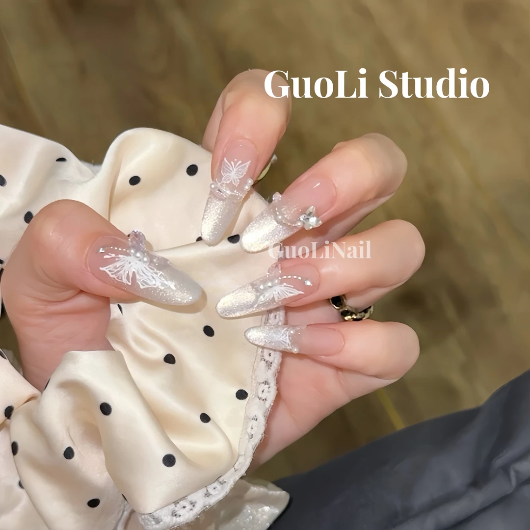 《雪蝶》GuoLi纯手工穿戴甲猫眼渐变法式气质女神长款爆闪纯欲蝴蝶i