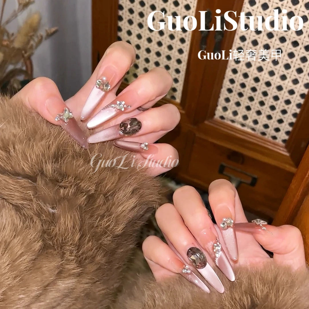 《嫦娥》GuoLi纯手工穿戴甲气质女神爆闪堆钻纯欲显白裸色长款御姐i