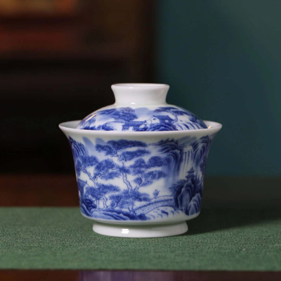 景德镇陶瓷青花瓷精工山水马蹄两才盖碗釉下彩青花山水之巅主泡器