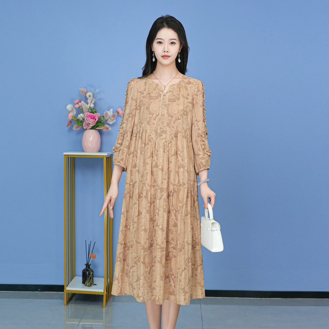 【SJYF1851】秋季新款连衣裙中长款气质中式收腰印花修身女装连衣裙