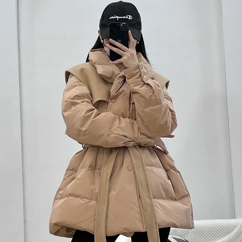 羊绒披肩设计感羽绒服女中长款2022冬新款韩国收腰系带系宽松外套