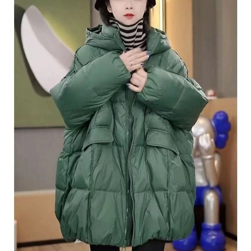 2023新款大码女装羽绒服女加厚白鸭绒韩版宽松大版休闲拉链连帽斗