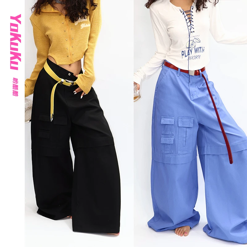 哟酷酷（魔法口袋）美式复古街头立体多口袋工装中高腰百搭阔腿裤