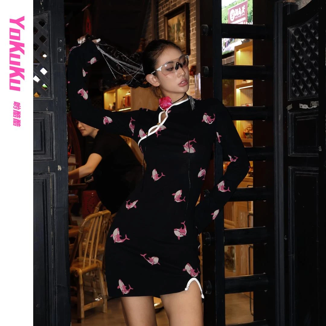 哟酷酷（鲸鱼梦境）复古日常新中式提花针织盘扣修身旗袍女装连衣裙