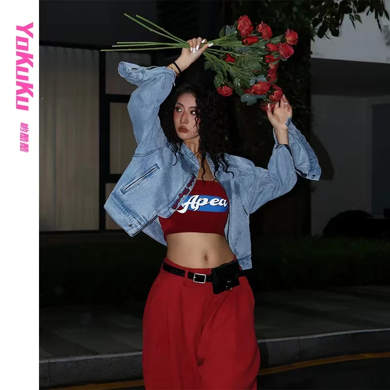 哟酷酷（海岛邮差）美式复古街头短款刺绣机车休闲夹克女款牛仔外套