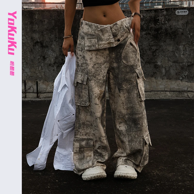 哟酷酷（狂热粒子）美式复古街头美学做旧洗水多口袋腰封工装裤