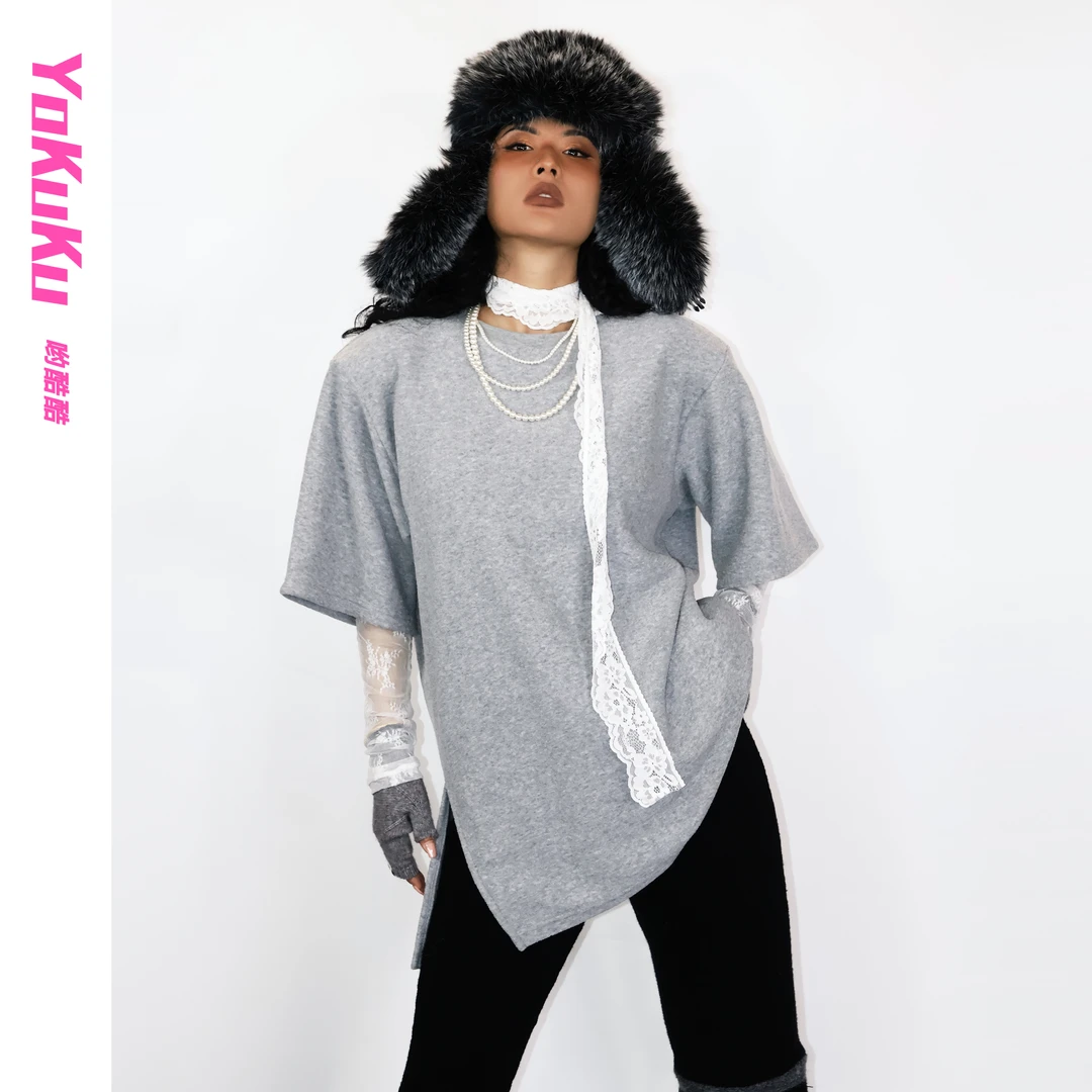 哟酷酷（穿衣自由）叠穿潮人简约休闲慵懒百搭圆领垫肩套装