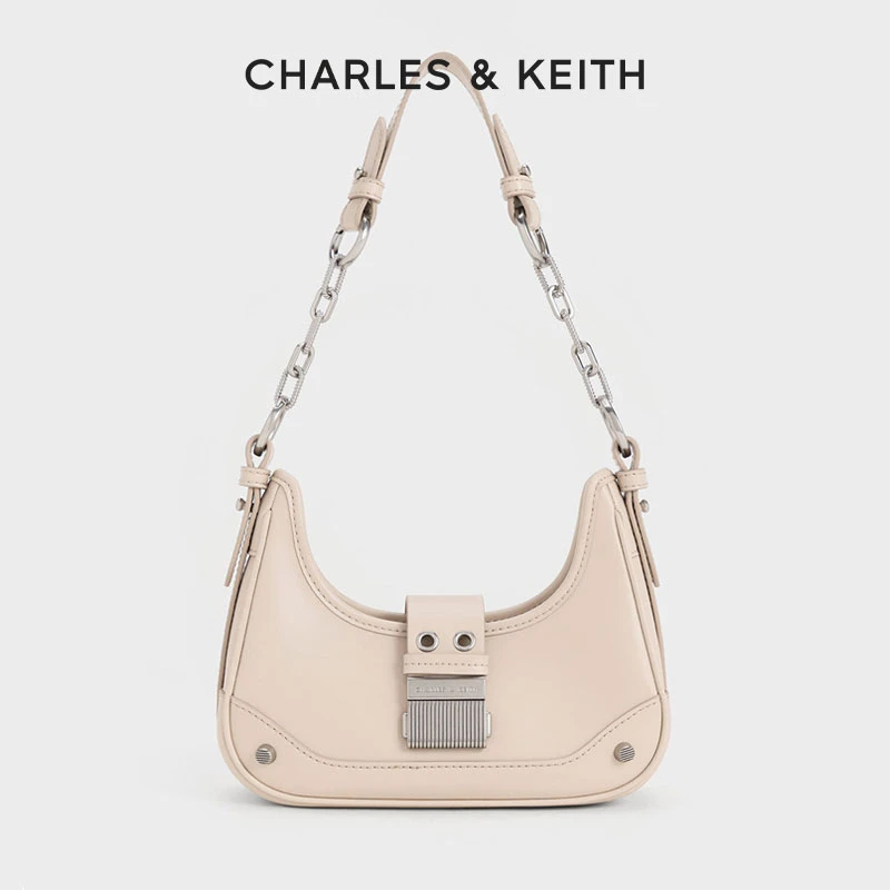 CHARLES & KEITH时尚单肩拼接斜挎机车包新月包【原】40271053