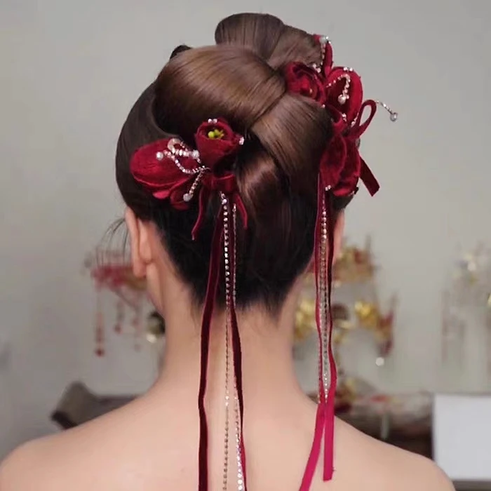敬酒服头饰中式复古超仙酒红色郁金香发夹套装结婚纱礼服造型配饰