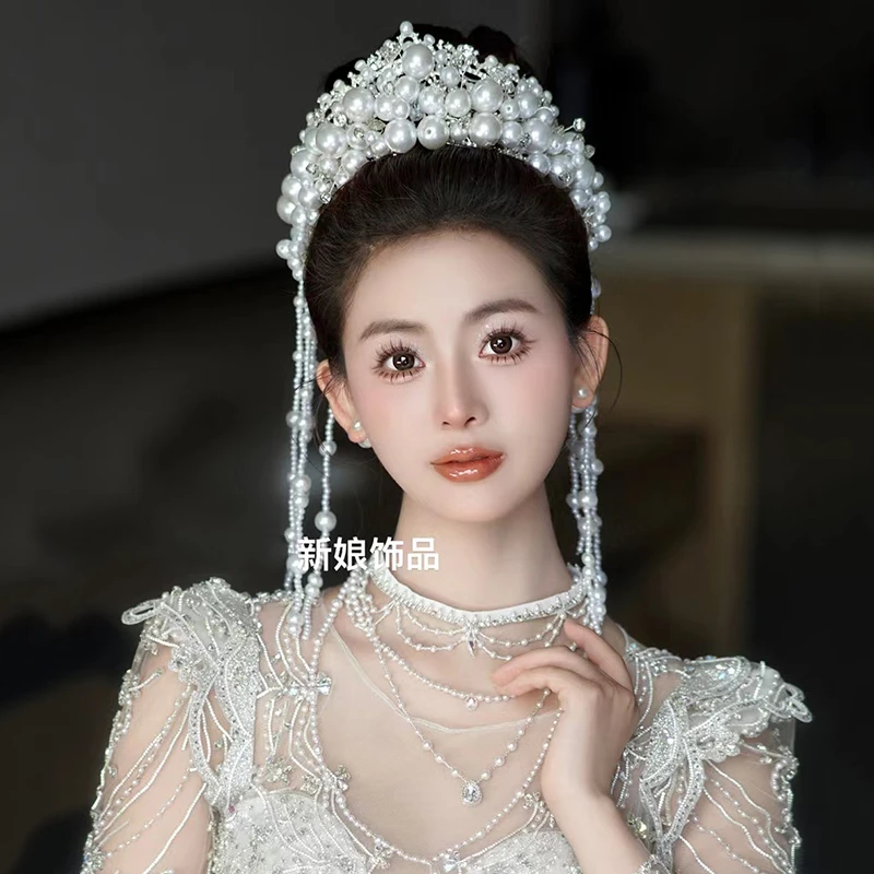 新品新娘皇冠水钻大颗珍珠精致王冠韩式造型婚纱礼服配饰结婚头饰