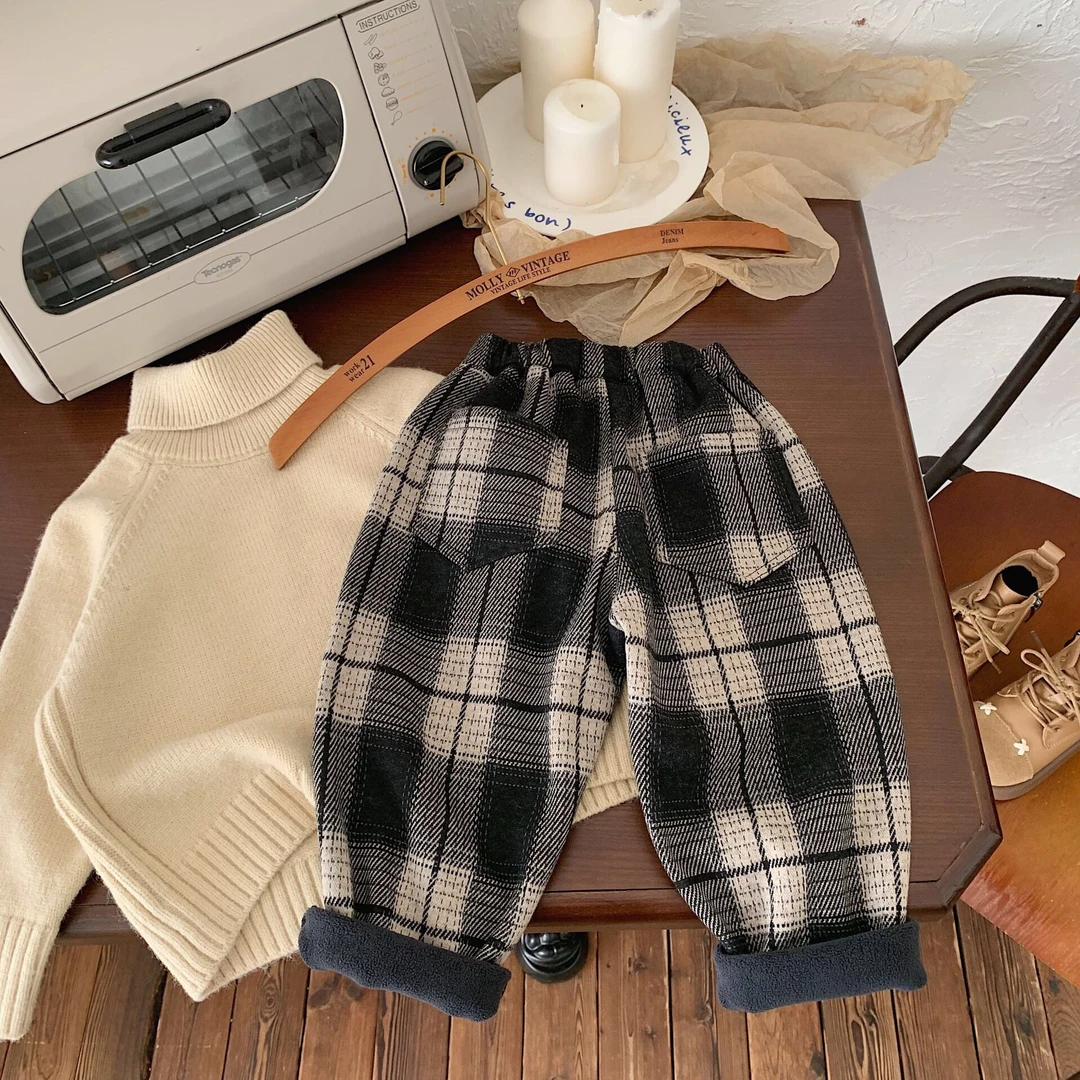 儿童冬季新款韩版潮流时尚休闲加绒加厚经典格子时尚潮流百搭裤潮