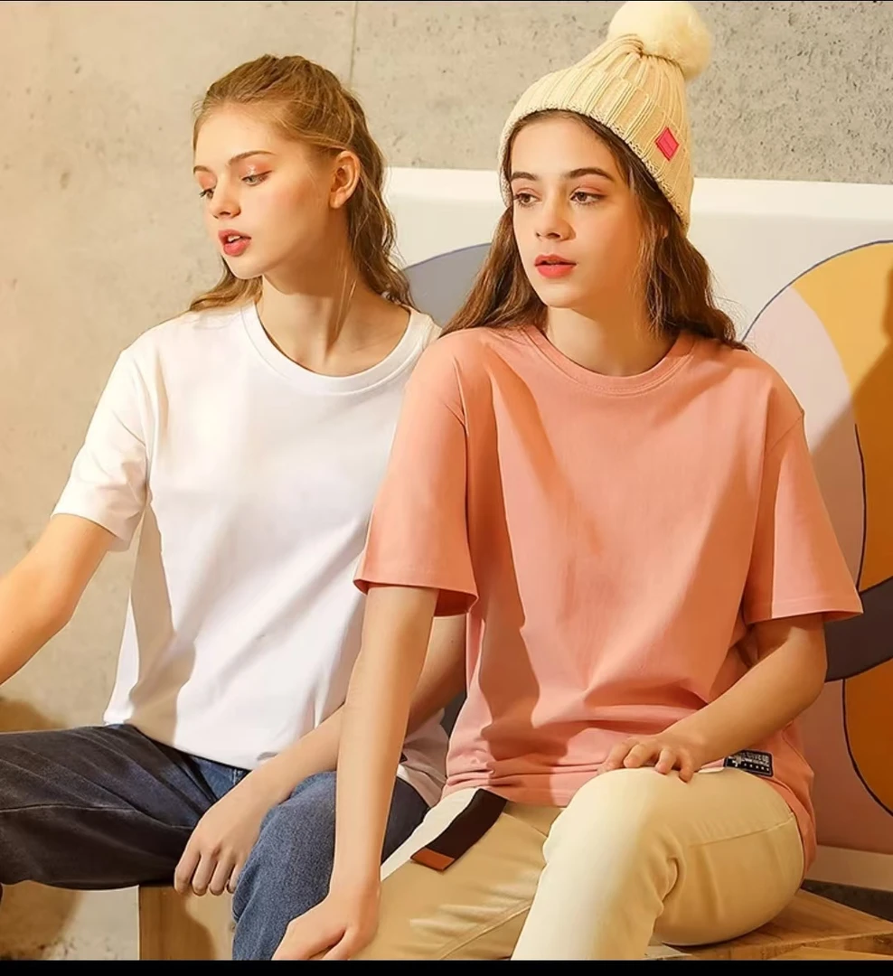 外贸原单T恤男女同款纯色圆领宽松休闲时尚百搭情侣外穿纯棉半袖