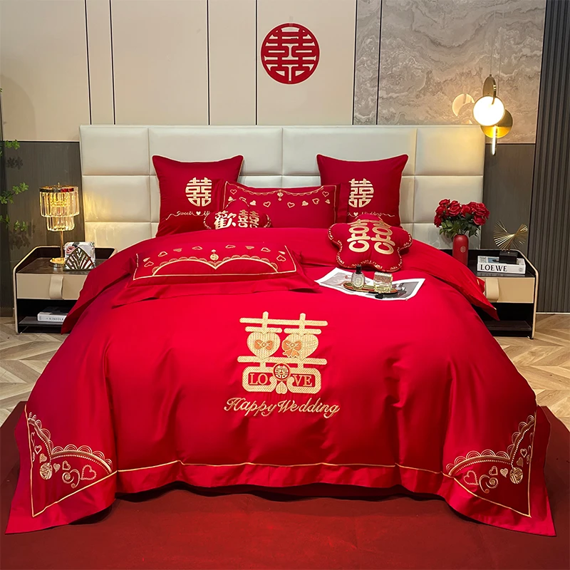 JIUYEJIAFANG/九叶家纺全棉刺绣大红婚庆四件套六件套系列5