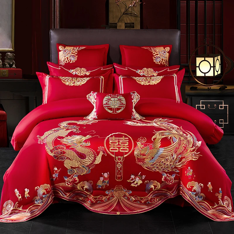 JIUYEJIAFANG/九叶家纺长绒棉刺绣婚庆四件套六件套十件套