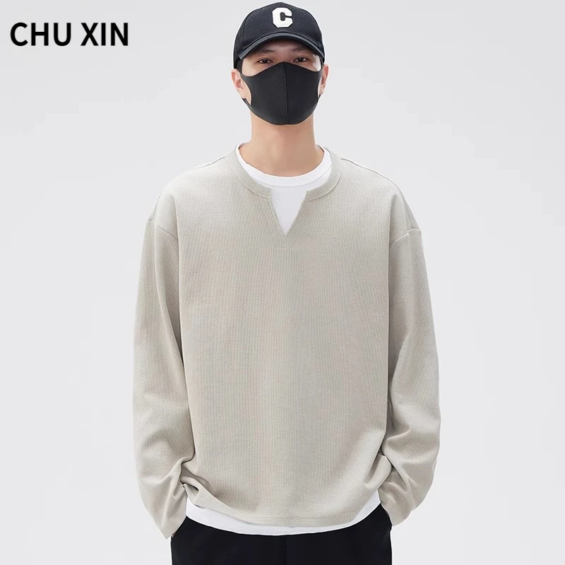 假两件卫衣男春秋季2025冬款潮牌休闲宽松加绒厚长袖T恤打底衫男