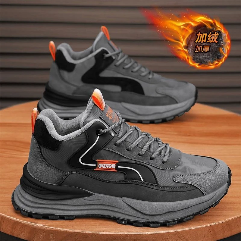鸿星尔克阿甘男鞋冬季加绒保暖棉鞋皮面运动跑步防水防滑工作劳保