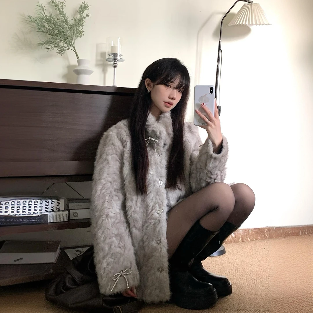 冬加厚新款皮毛一体立领毛毛外套女冬加厚气质中长款毛毛大衣宽松