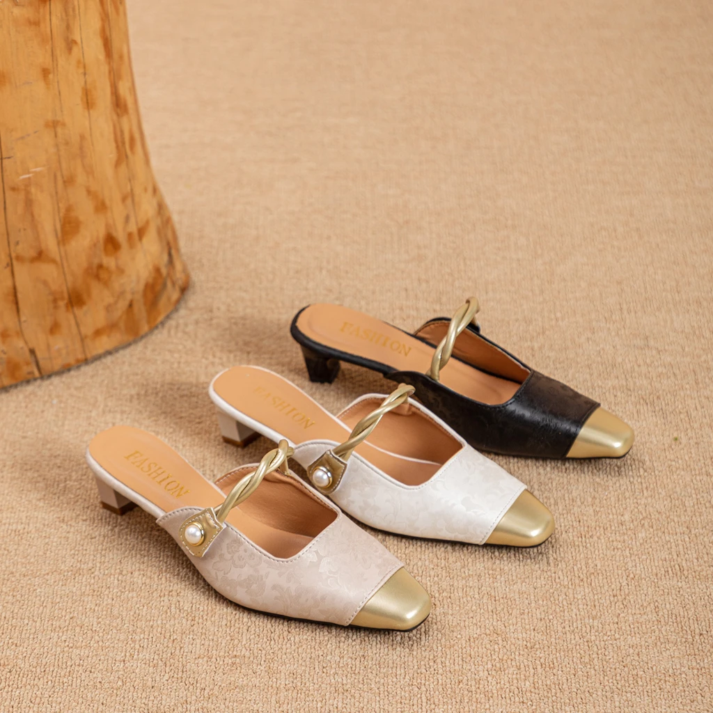 2024新款中国风时尚低跟法式夏季百搭尖头凉鞋真皮外穿春夏拼色