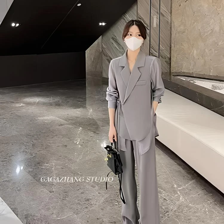 大码新款防晒夏季套装女胖mm遮肉显瘦休闲西装上衣阔腿裤两件套女