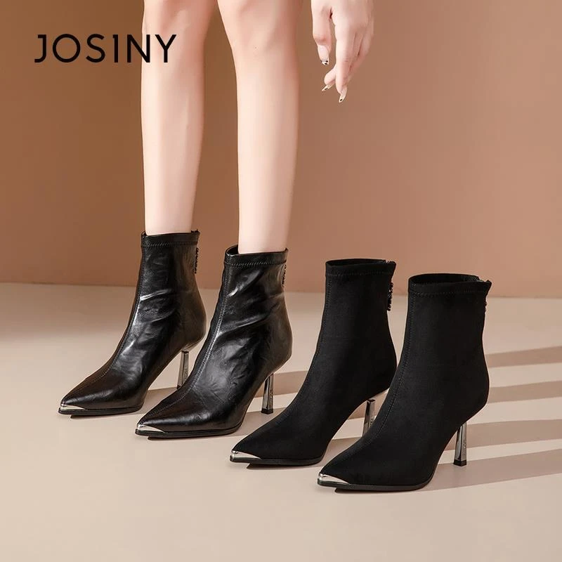 卓诗尼细跟短靴女2025秋冬新款高跟鞋尖头气质瘦瘦靴百搭时装靴子