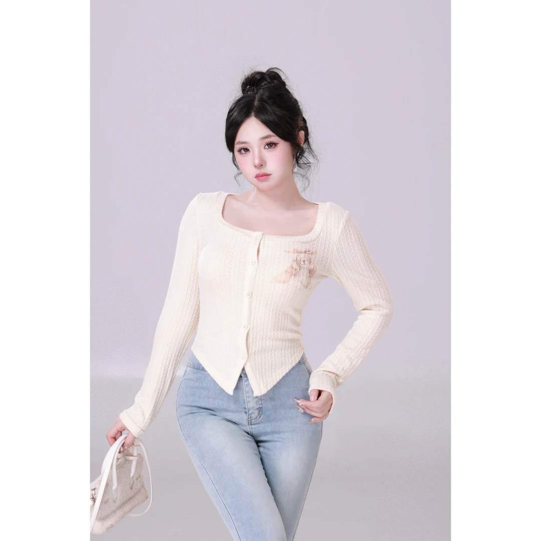 MengFairy【软咩少女】纯欲温柔设计感方领长袖针织上衣4112M雅丹