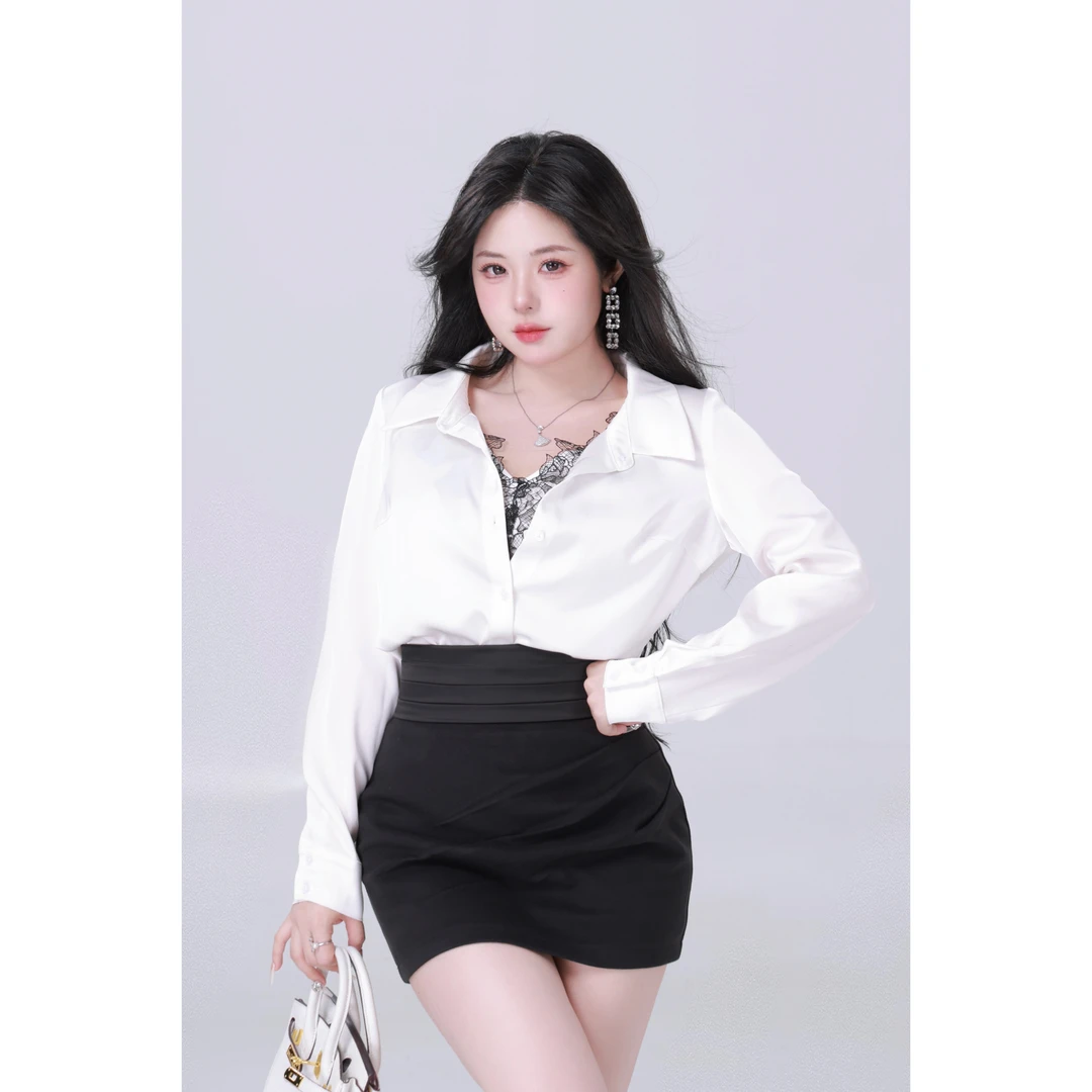 现MengFairy【掐腰king上衣】纯欲时尚小众设计感拼接蕾丝衬衣3910M