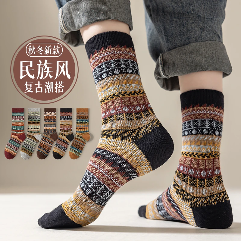 女秋冬新款安可拉红双针双路复古女袜中筒袜复古民族风长袜堆堆袜