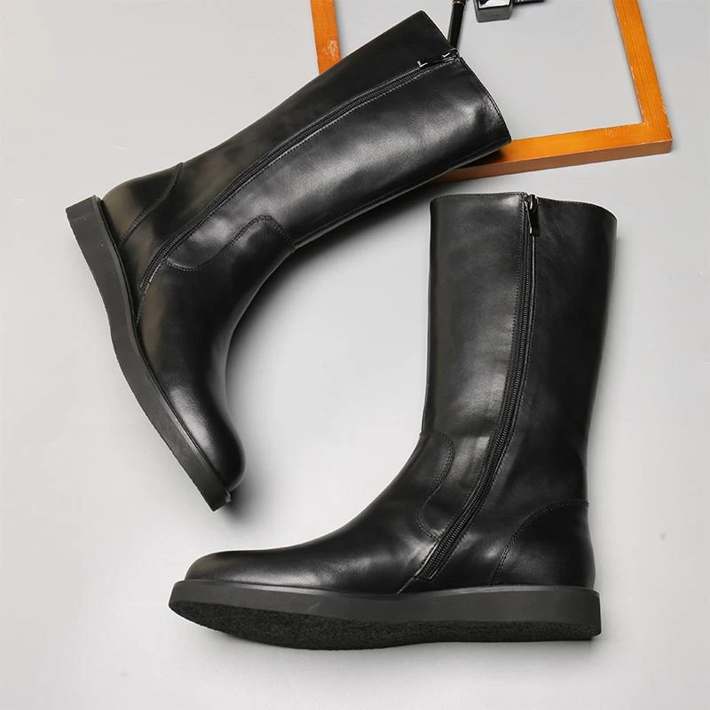 秋冬马靴头层牛皮机车靴高筒靴长筒男士皮靴高帮真皮加绒藏式长靴