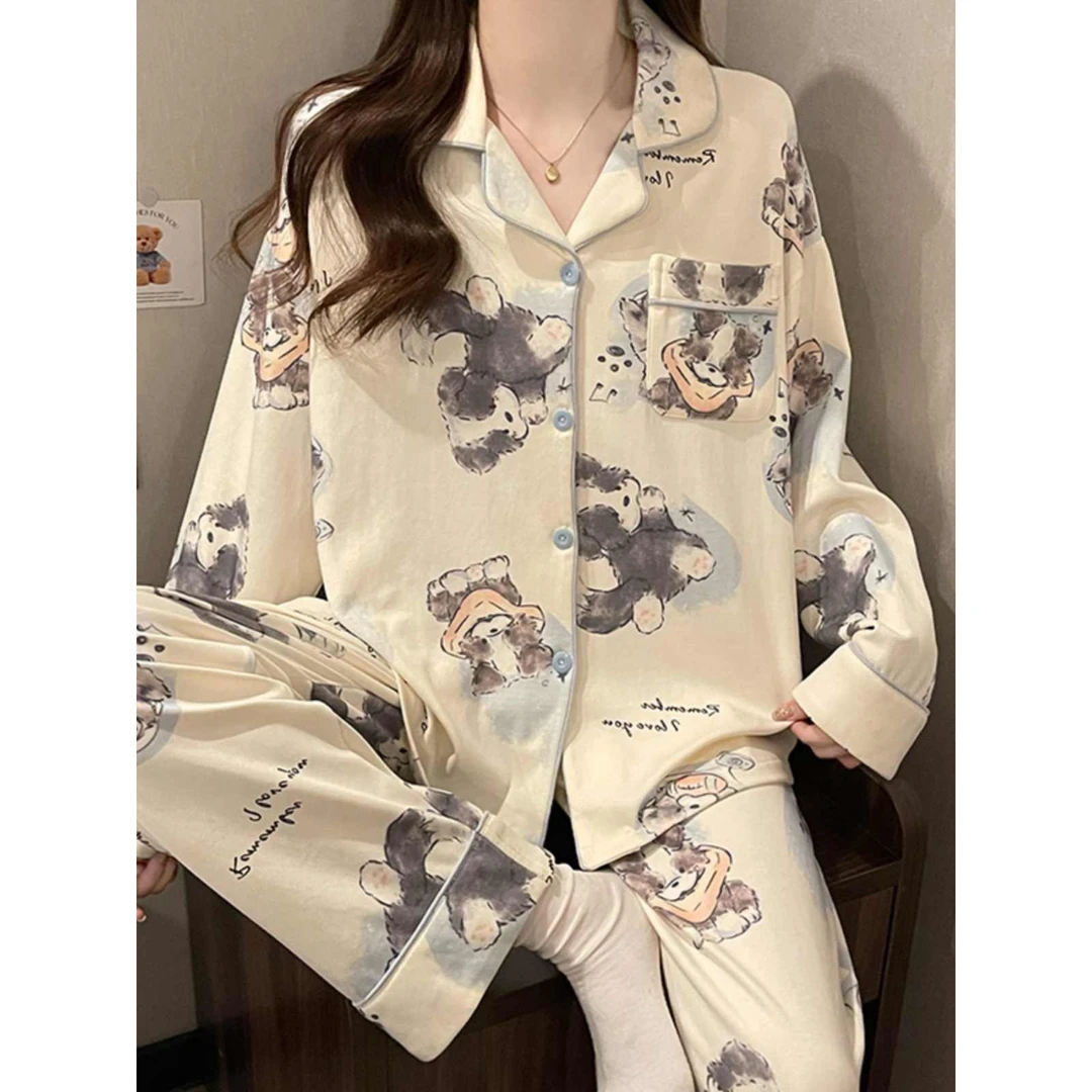 2024年新款女士睡衣春秋季棉质长袖学生套装可外穿家居服