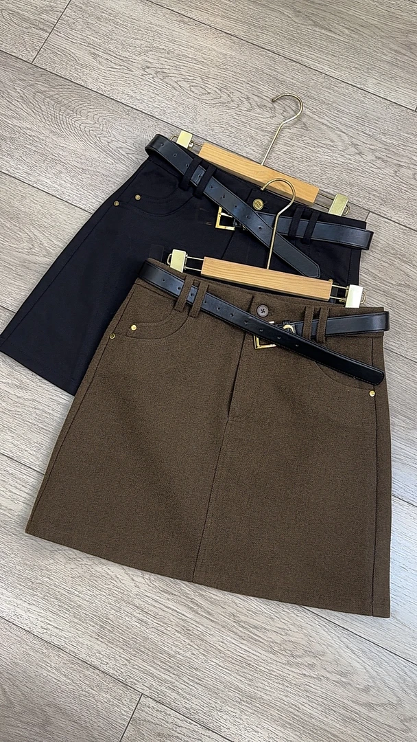 冬款毛尼配精致皮带A版时尚百搭短裙8666