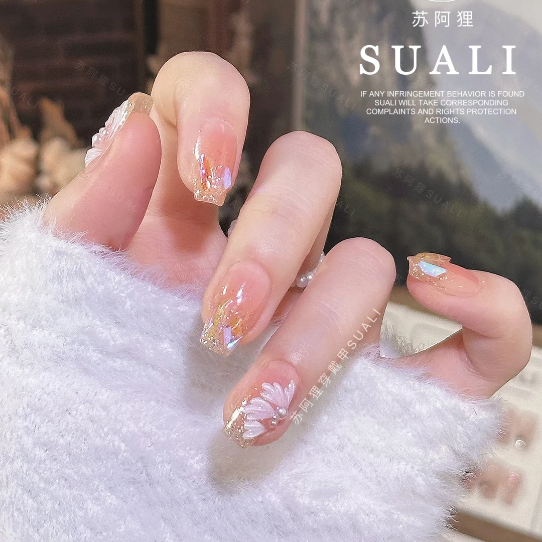 【小冰花】浮雕冰花美甲冰凌爆闪显白温柔学生上班轻奢纯手工穿戴甲