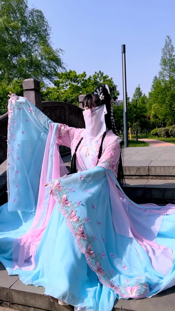 《10天工期》定制蓝粉蝴蝶绣花大袖子仙女服