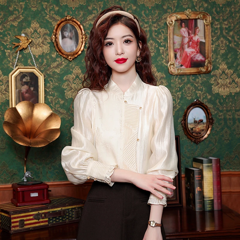 新中式复古淑女气质衬衫女春季新款高级感缎面长袖上衣时尚小衫