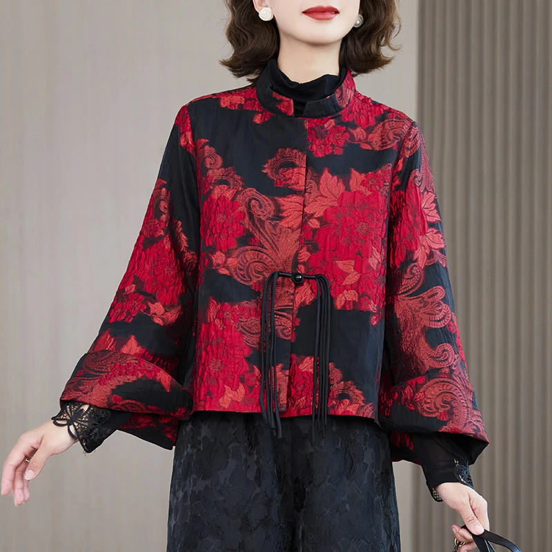 新中式国风印花短外套女长袖秋冬新款设计感别致漂亮盘扣长袖上衣