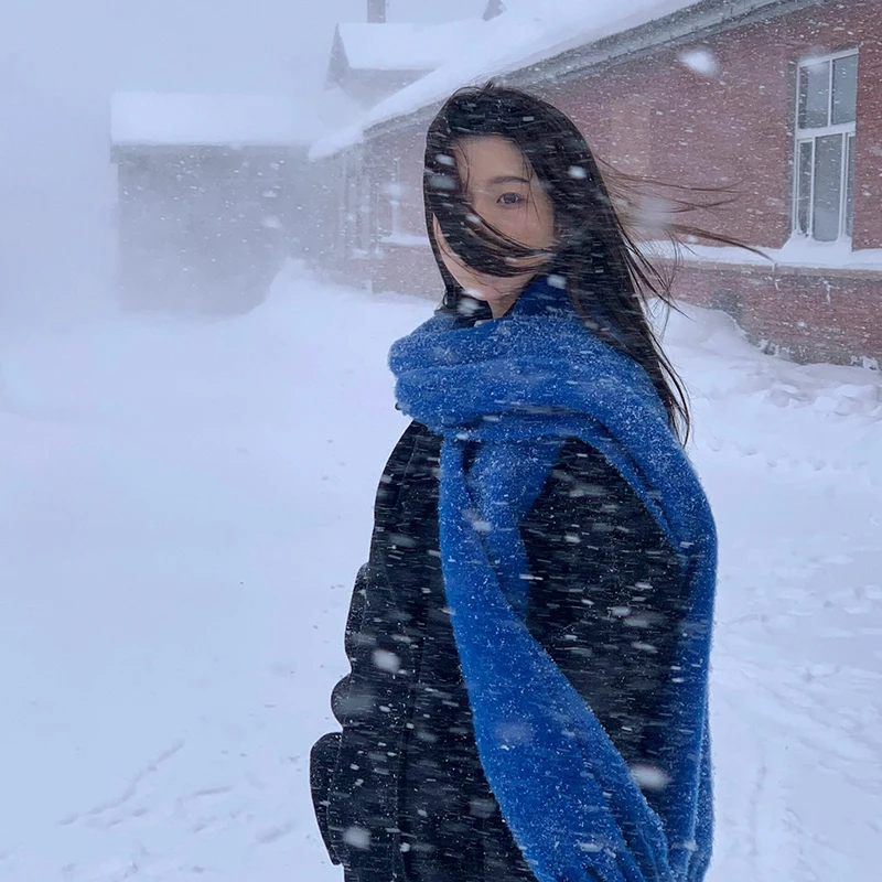 蓝色围巾女冬季2023新款氛围感保暖加厚毛绒时尚仿羊绒披肩围脖男