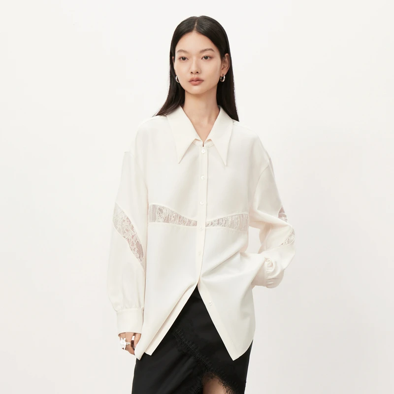 【商场同款】HPLY荷比俪2023秋季新款米色蕾丝衬衫HYD35630312