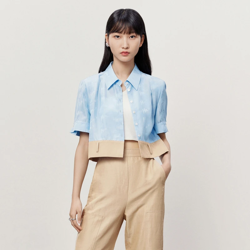 HPLY荷比俪夏季新款女丝滑字母logo拼接衬衫HMD23630259