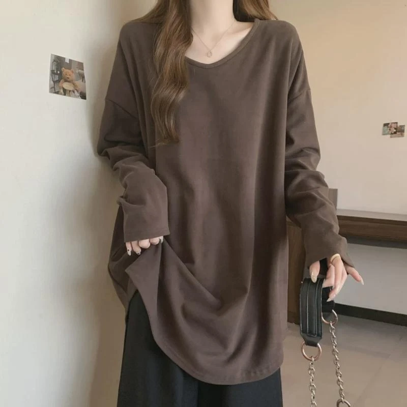欧货大版中长款遮屁股打底衫女秋冬大码胖mm宽松巨显瘦T恤V领上衣