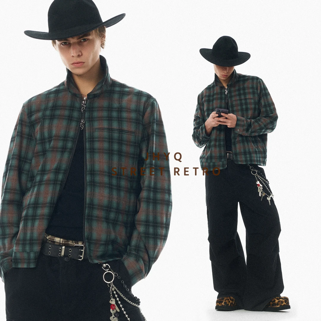 【JHYQ】春秋美式复古街头风宽松格纹夹克男休闲潮牌衬衫衣外套598