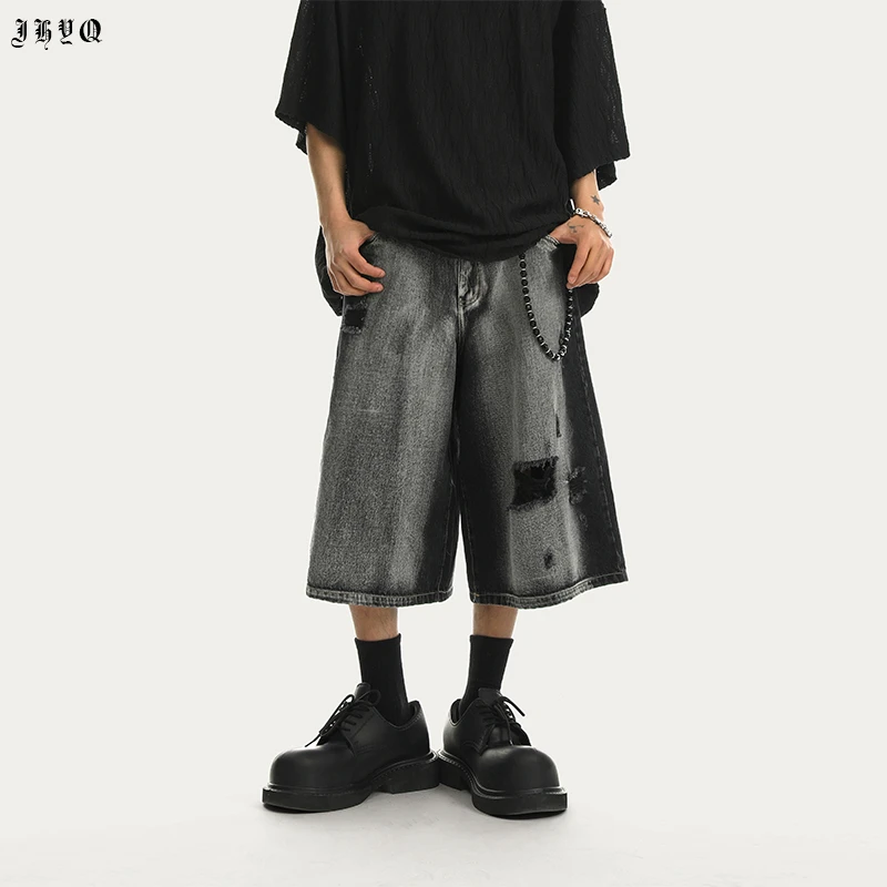 【JHYQ】春夏直筒破洞水洗牛仔男阔腿七分裤潮牌宽松百搭牛仔裤325