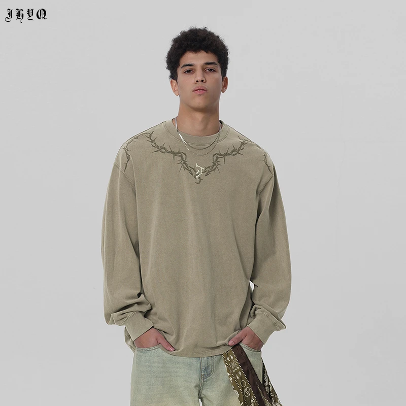 【JHYQ】荆棘系列LOGO胶印250g水洗美式长袖男宽松潮牌嘻哈上衣235