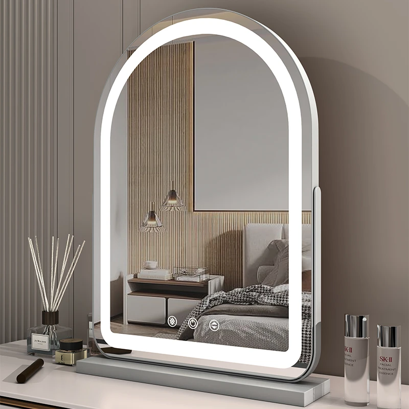 拱形大号化妆镜子台式桌面梳妆镜led带灯网红梳妆台家用智能充电
