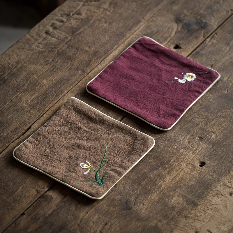 碌心 刺绣棉麻茶巾 吸水加厚锁边养壶茶布毛巾茶台茶布茶具桌抹布